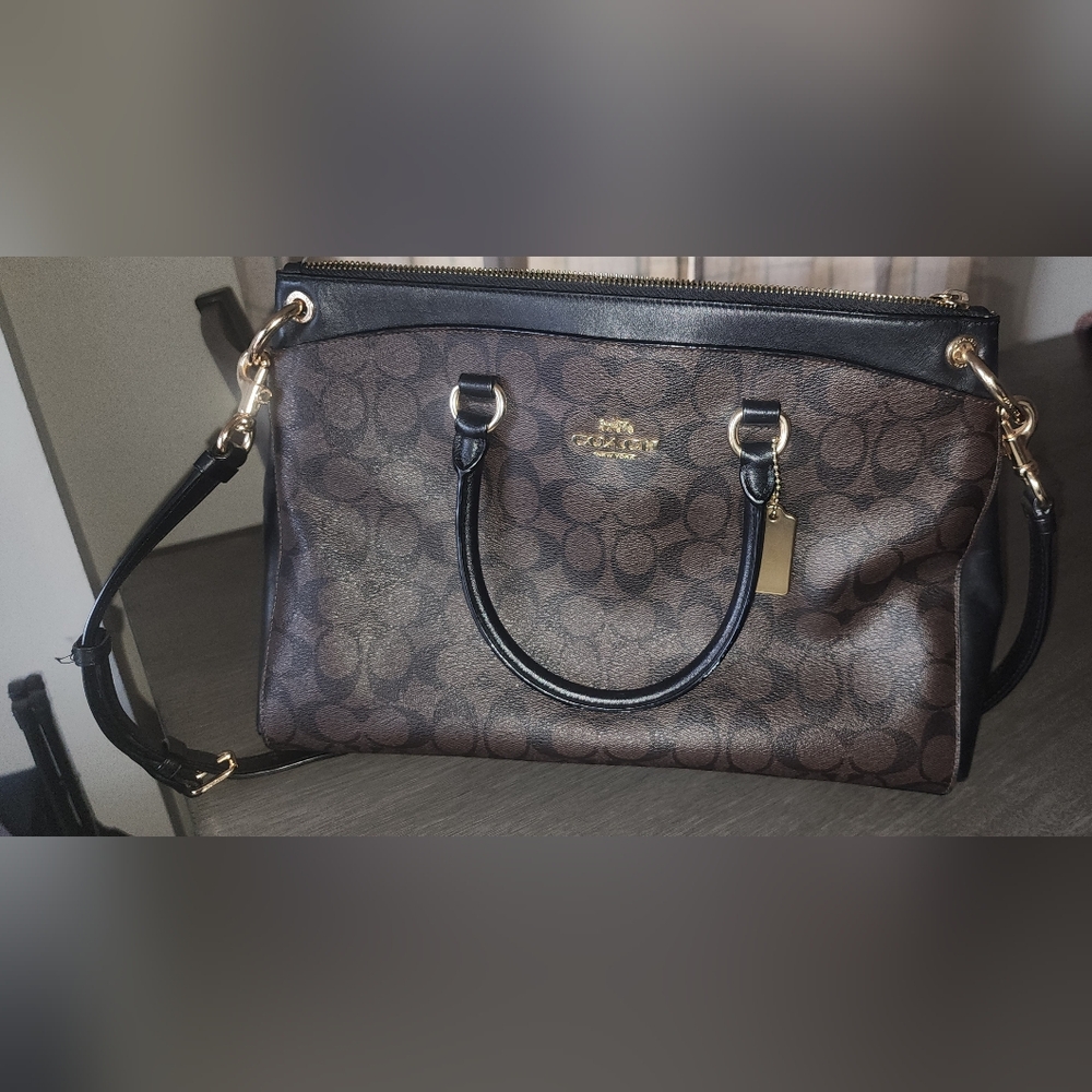 FINAL SALE Coach Brown Signature Leather Satchel with Black Trim